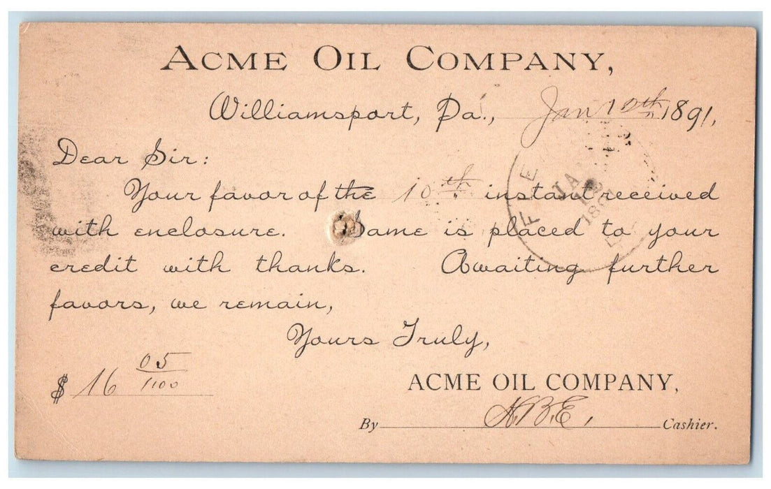 1891 Acme Oil Company Williamsort Pennsylvania PA Antique Postal Card