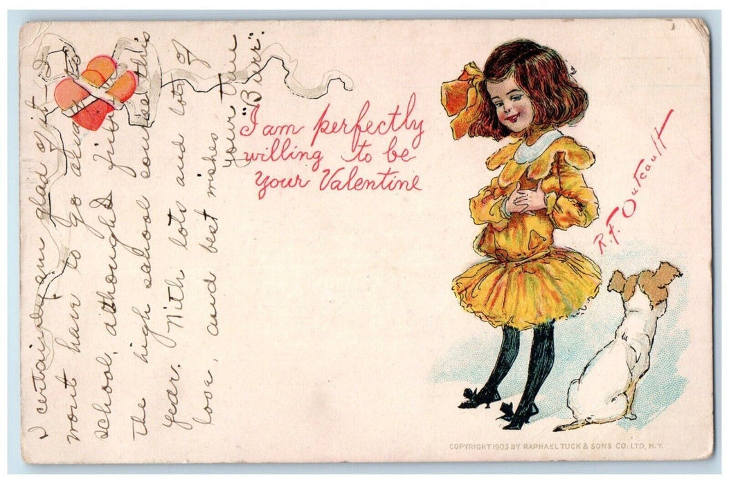 1909 Valentine Pretty Girl And Dog Outcault Tuck's Galax Virginia VA Postcard