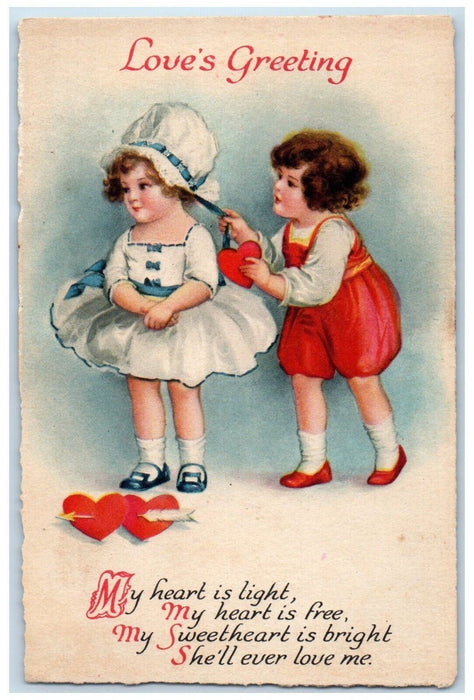 c1910's Valentine Love Greetings Children Bonnet Hearts Wolf Antique Postcard