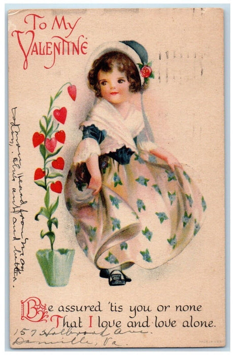 1924 Valentine Pretty Girl Hearts Plant Danville Virginia VA Wolf Postcard