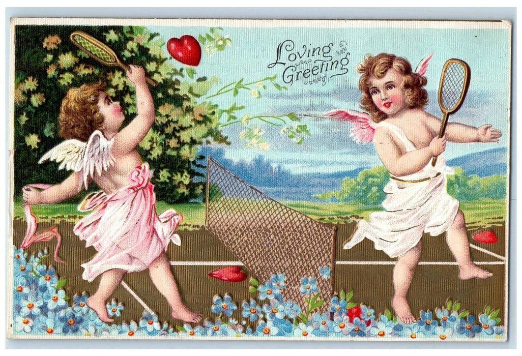c1910's Valentine Greeting Angels Playing Badminton Pansies Flowers Postcard