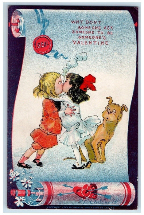 1905 Valentine Little Sweethearts Kissing Seal Dog Outcault Antique Postcard