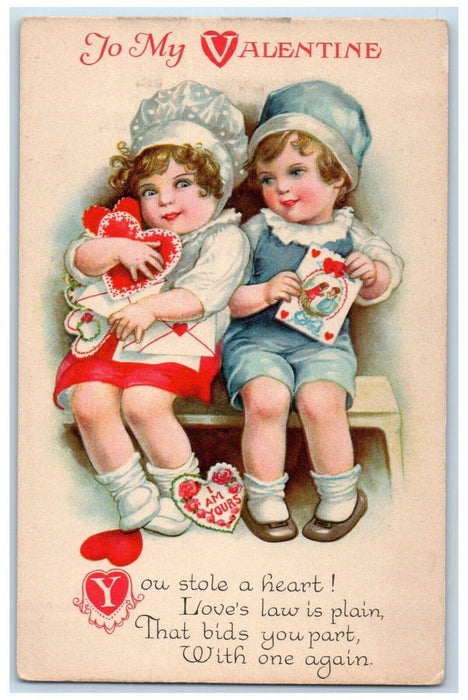 c1910's Valentine Sweet Children With Bonnets Hearts Card Wolf Antique Postcard