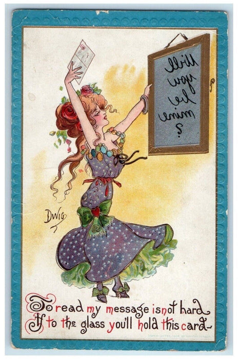 c1910's Valentine Girl Dress Reverse Mirror Dwig Embossed Antique Postcard