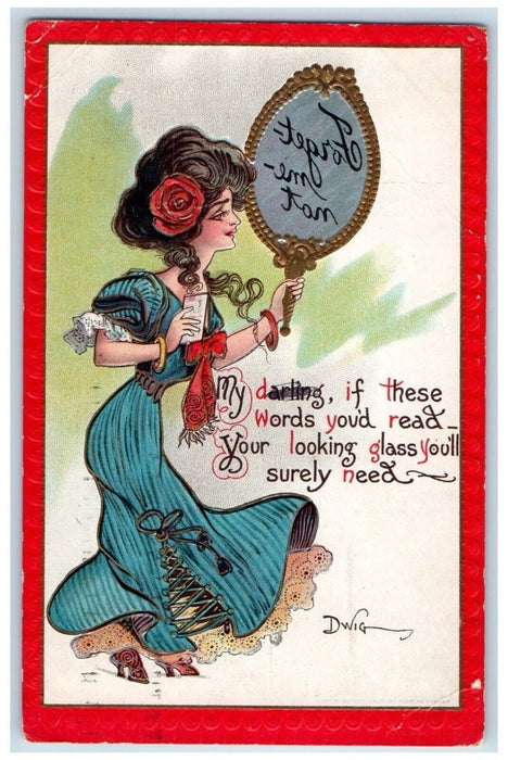 1911 Valentine Girl Holding Reverse Mirror Dwig Embossed Posted Antique Postcard