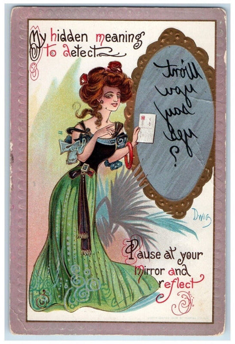 c1910's Valentine Girl Holding Poscard Reverse Mirror Dwig Embossed Postcard