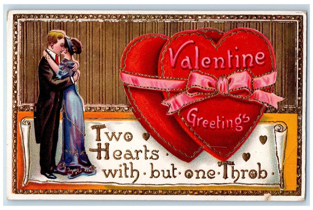 Valentine Greetings Giant Hearts Sweet Couple Romance Gel Gold Gilt Postcard