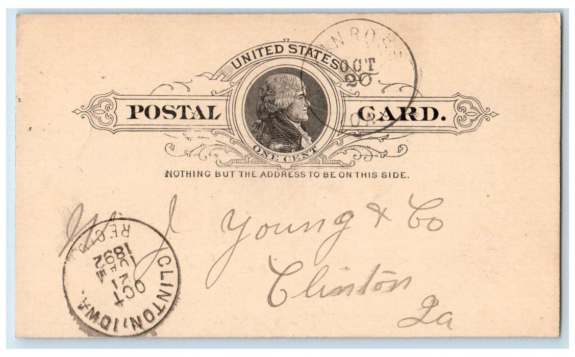 1892 Young & Go Streb & O'Brian Clinton Iowa IA Posted Antique Postal Card