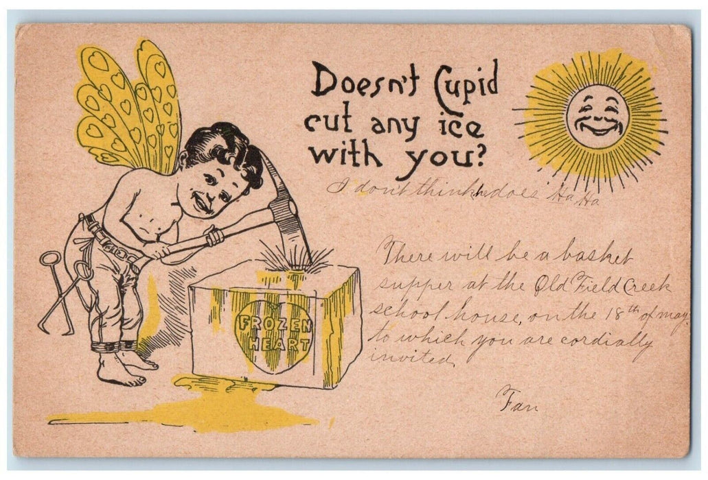 1907 Valentine Cupid Angel Breaking Ice Frozen Heart Grassy Creek NC Postcard