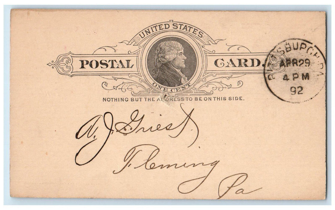 1892 Office Marvin Branch US Baking Co. Pittsburgh Pennsylvania PA Postal Card