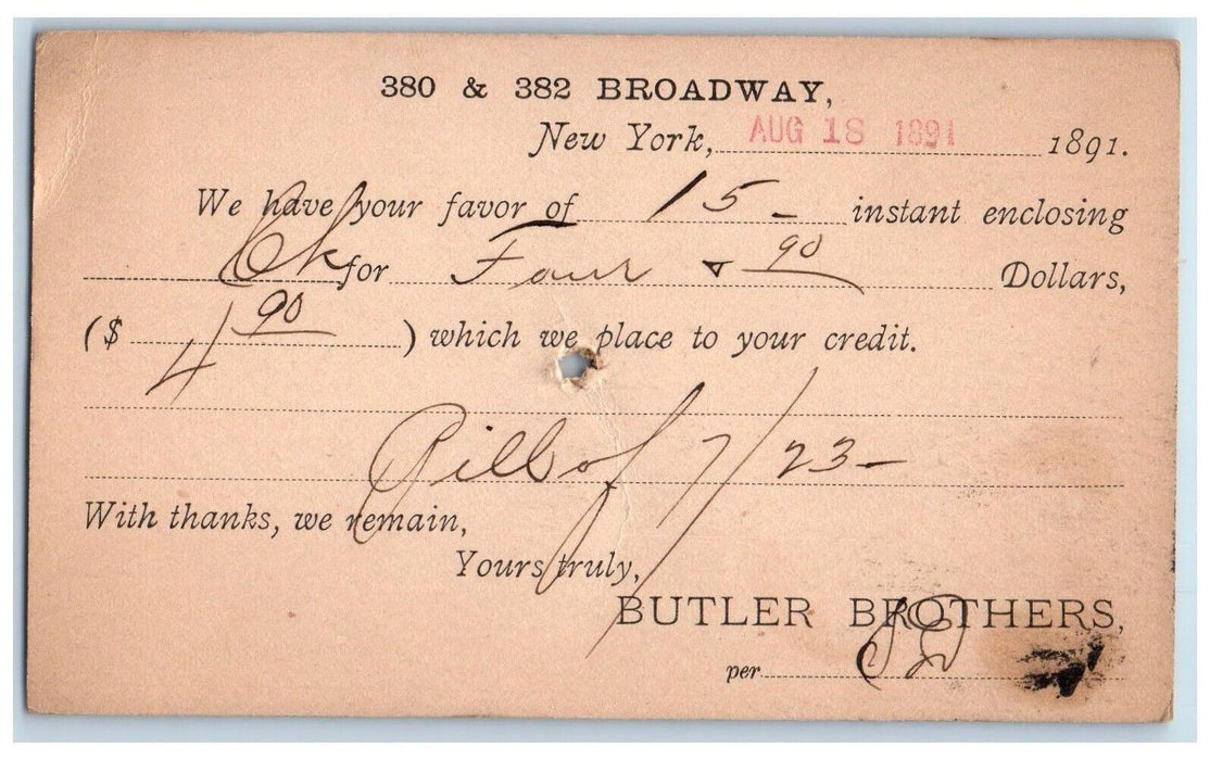 1891 Butler Brothers 380 & 382 Antique Broadway New York NY Postal Card