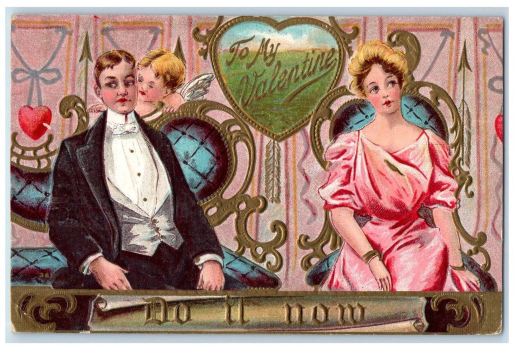 c1910's Valentine Hearts Couple Cupid Angel Whispering Embossed Antique Postcard