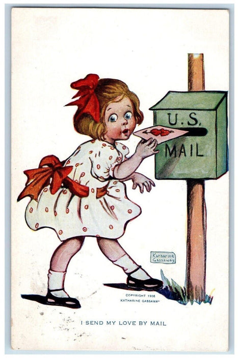 1909 Valentine Little Girl Dropping Letter US Mail Box Posted Antique Postcard