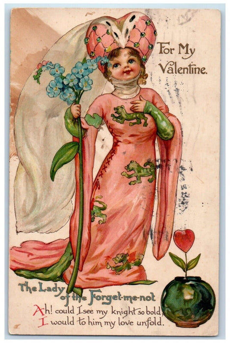1911 Valentine Lady Of The Forget Me Not Pansies Flowers Hazleton PA Postcard