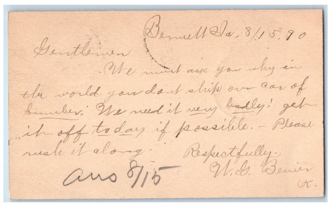 1890 Letter About Lumber WG Bevier Bennett Iowa IA Antique Posted Postal Card