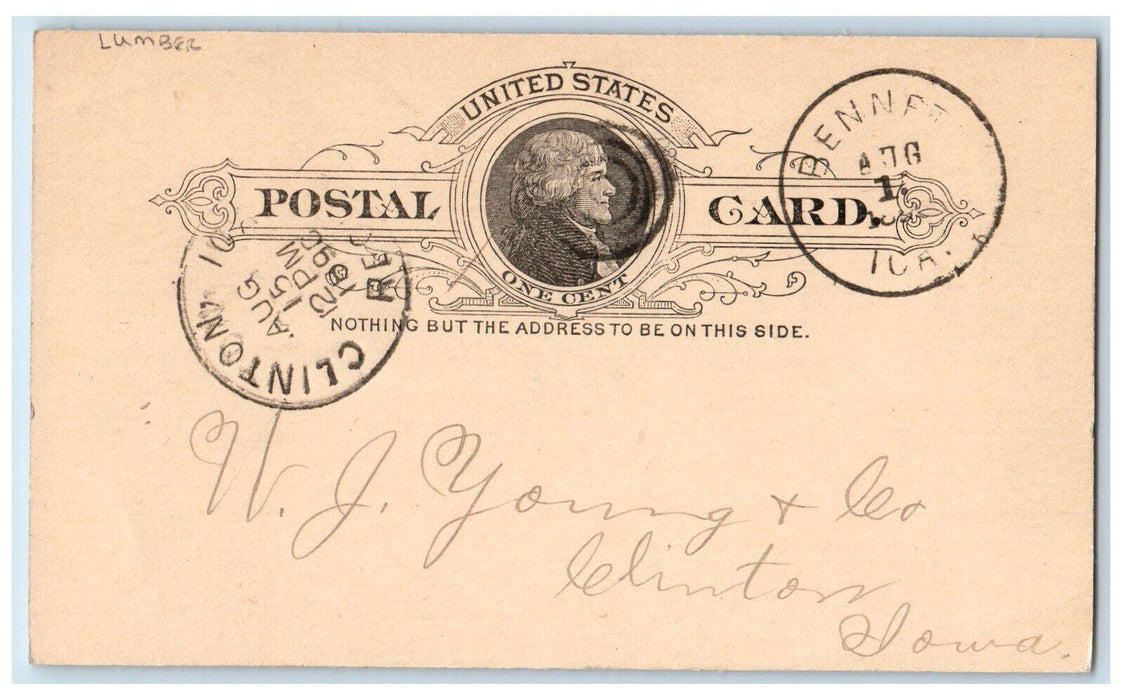 1890 Letter About Lumber WG Bevier Bennett Iowa IA Antique Posted Postal Card