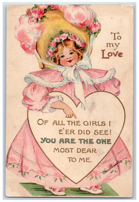 c1910's Valentine Pretty Woman Dress Pink Big Hat Heart Antique Postcard