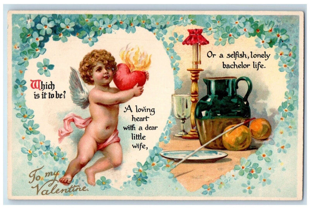 c1910's Valentine Cupid Angel Heart And Bachelor Life Pansies Flowers Postcard