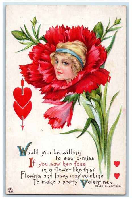 c1910's Valentine Pretty Woman In Flowers Hearts Helen Jeffers Embossed Postcard