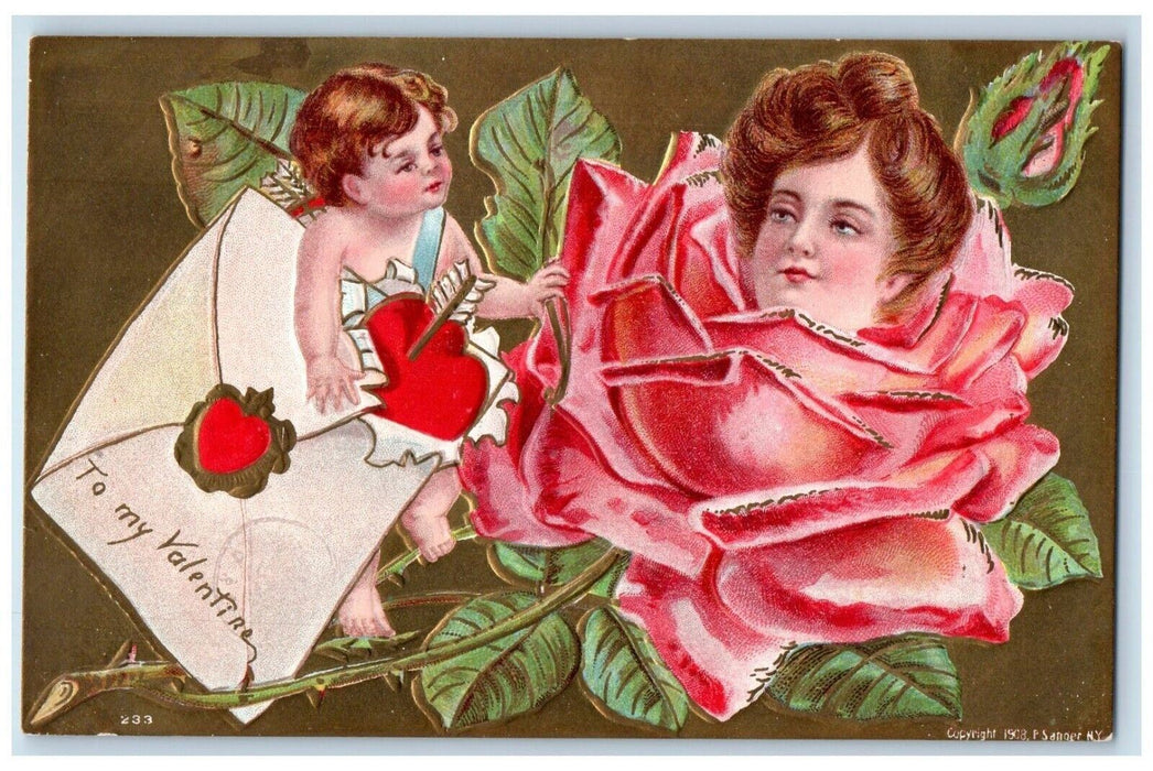 Valentine Pretty Woman In Rose Flower Cupid Angel Letter Embossed Postcard