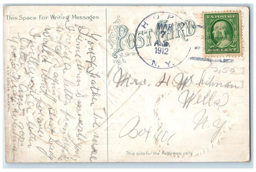 1912 Valentine Heart Little Sweetheart Pansies Flowers Hope New York NY Postcard