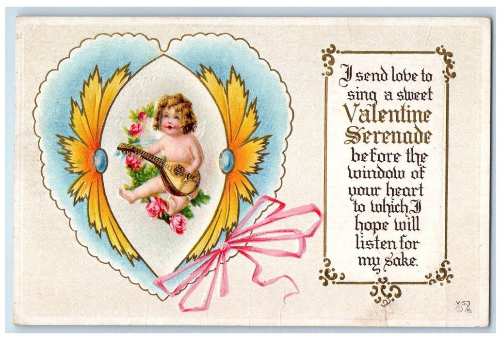 1922 Valentine Heart Angel Playing Guitar Serenade Flowers Embossed Postcard