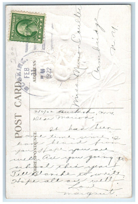 1922 Valentine Heart Angel Playing Guitar Serenade Flowers Embossed Postcard