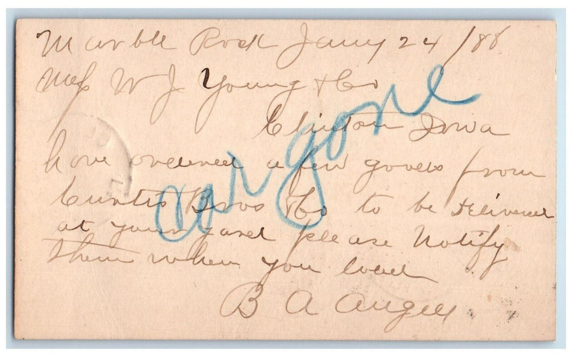 1888 WJ Young & Go BA Augeer Marble Rock Iowa IA Car Gone Postal Card