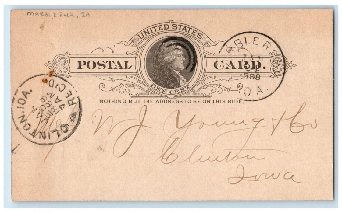 1888 WJ Young & Go BA Augeer Marble Rock Iowa IA Car Gone Postal Card