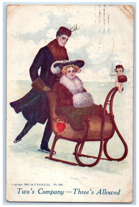 1905 Valentine Couple Ice Skating Sleigh Cupid Angel Handwarmer Heart Postcard