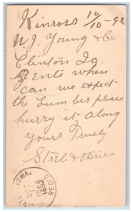 1892 Kinross Iowa IA Lumber WJ Young & Go Streb & O'Brien Postal Card