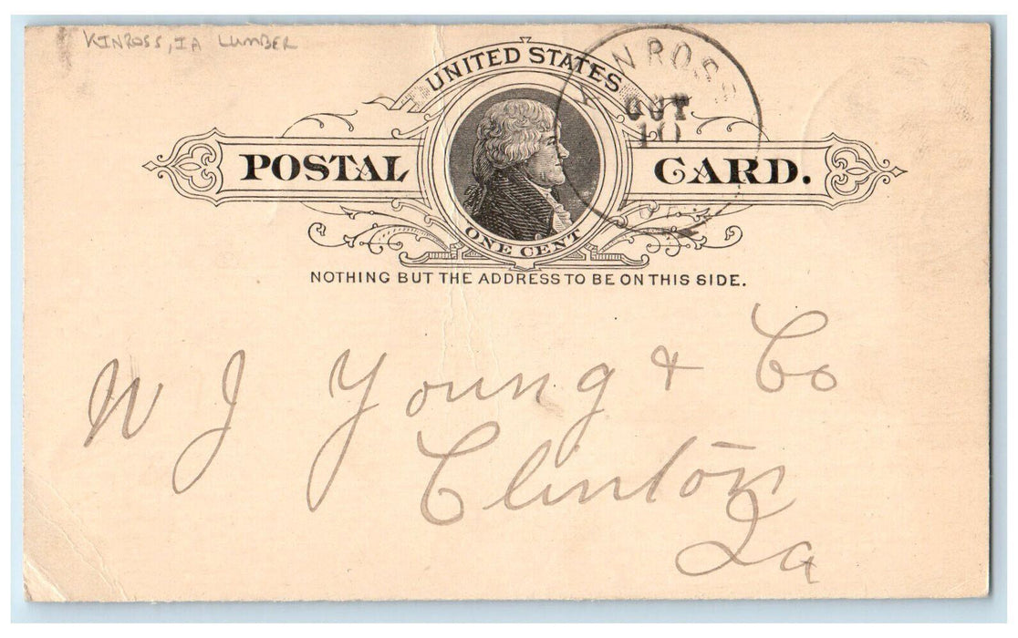 1892 Kinross Iowa IA Lumber WJ Young & Go Streb & O'Brien Postal Card