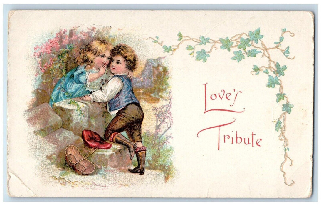 1906 Valentine Girl Whispering Basket With Flowers Ashbourne PA Antique Postcard