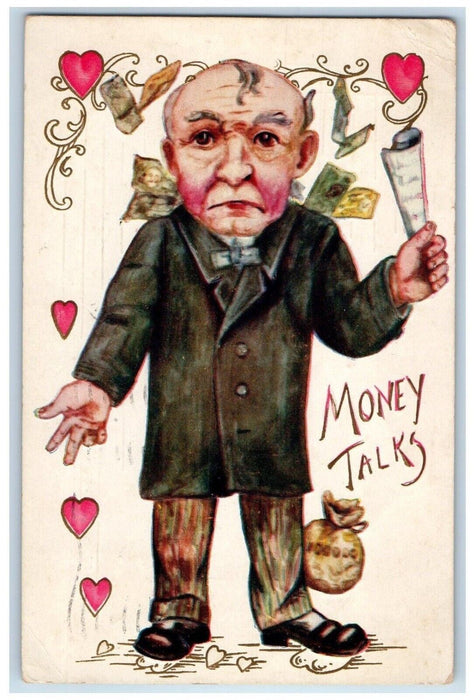 1910 Valentine Old Man Hearts Money Talks Washington DC Embossed Posted Postcard