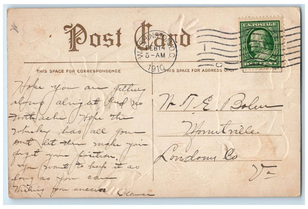 1910 Valentine Old Man Hearts Money Talks Washington DC Embossed Posted Postcard