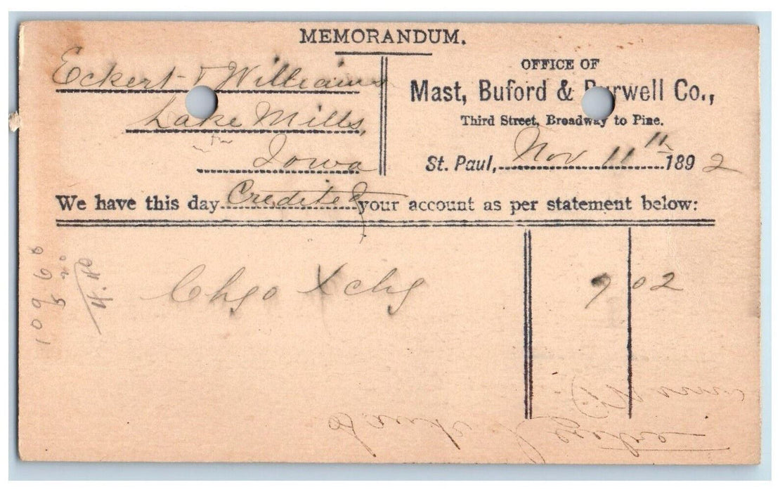 1892 Office of Mast Buford & Burwell Co. Lake Mills Iowa IA Postal Card