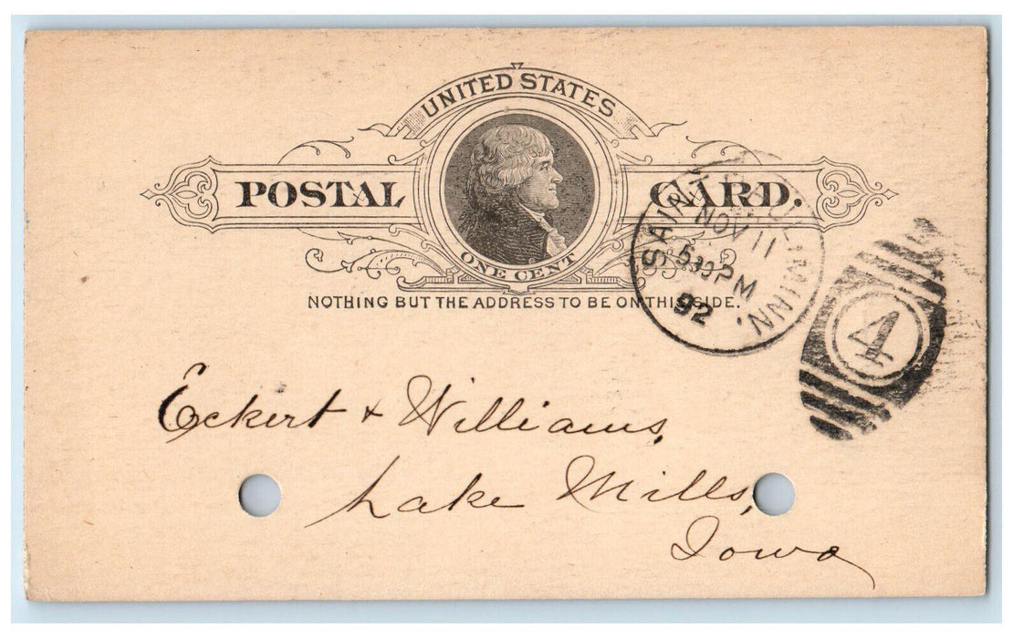 1892 Office of Mast Buford & Burwell Co. Lake Mills Iowa IA Postal Card