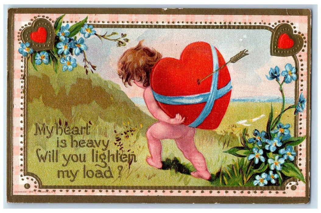1911 Valentine Angel Hearts Pansies Flowers Embossed Posted Antique Postcard