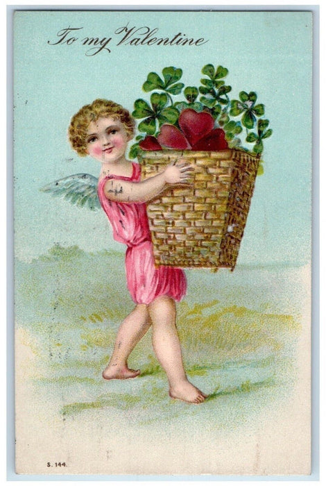 1911 Valentine Angel Holding Basket With Hearts Shamrock Embossed Postcard