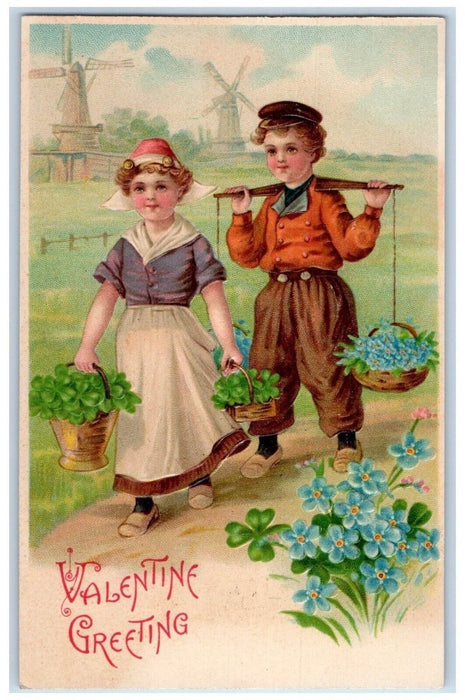 c1910's Valentine Greeting Dutch Children With Pansies Flowers Clover Postcard