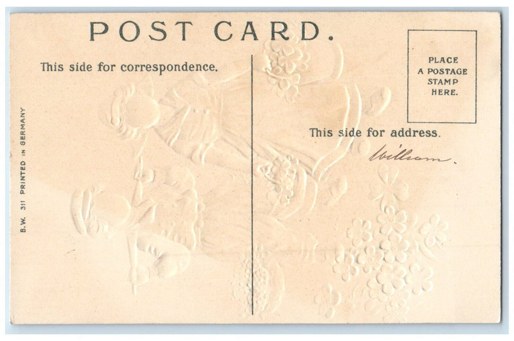 c1910's Valentine Greeting Dutch Children With Pansies Flowers Clover Postcard