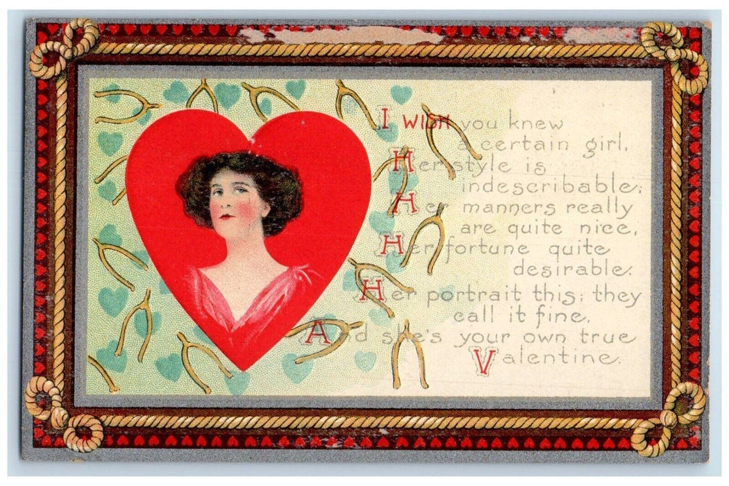 c1910's Valentine Message Woman In Heart Wishbone Rope Embossed Antique Postcard