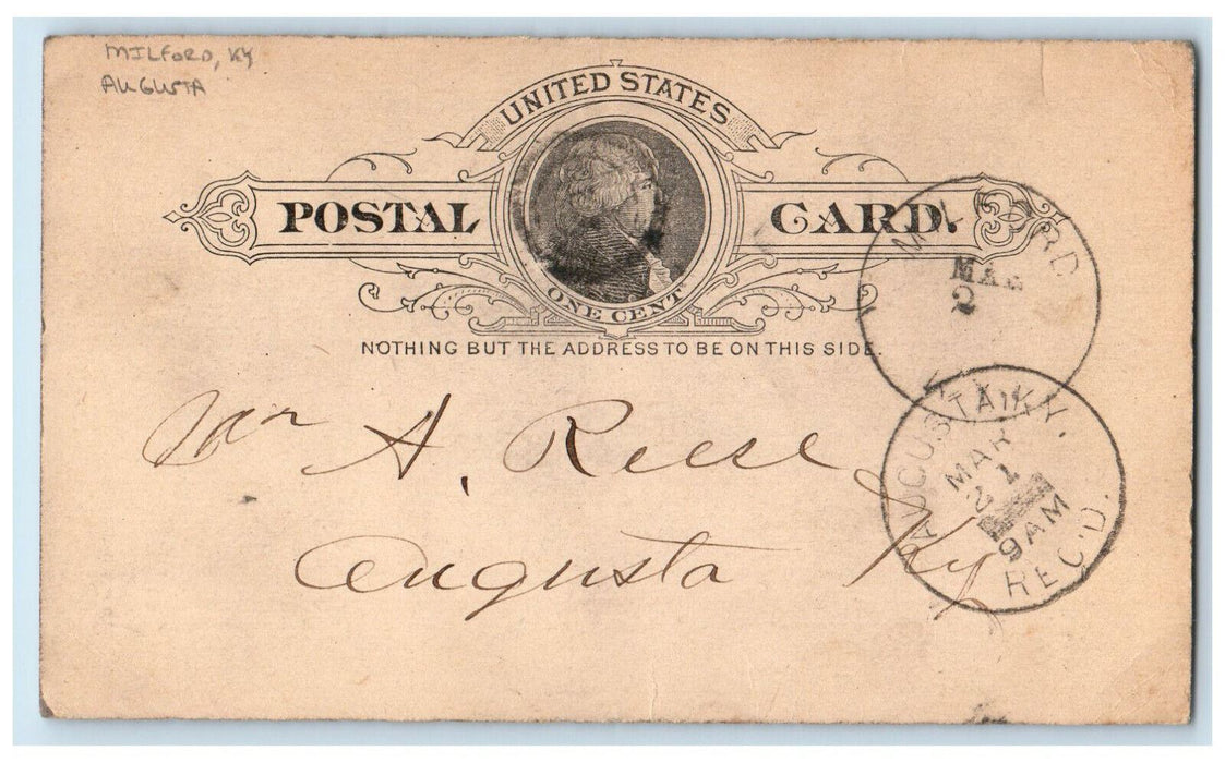 1892 Joss Woodwend Milford Augusta Kentucky KY Antique Posted Postal Card