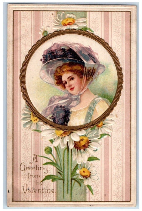 1914 Valentine Greeting Woman Big Hat Daisy Flowers Clapsaddle Embossed Postcard