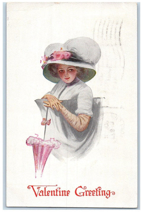 1912 Valentine Greeting Woman Big Hat Umbrella Gibson Philadelphia PA Postcard