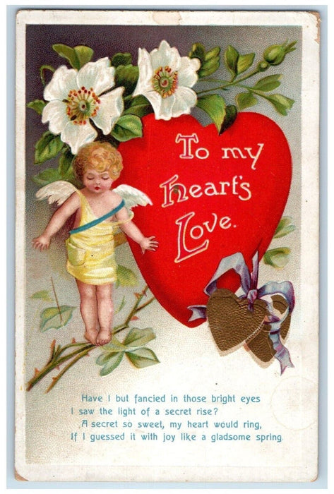 1912 Valentine Cupid Angel Heart White Flowers Clapsaddle Embossed Postcard