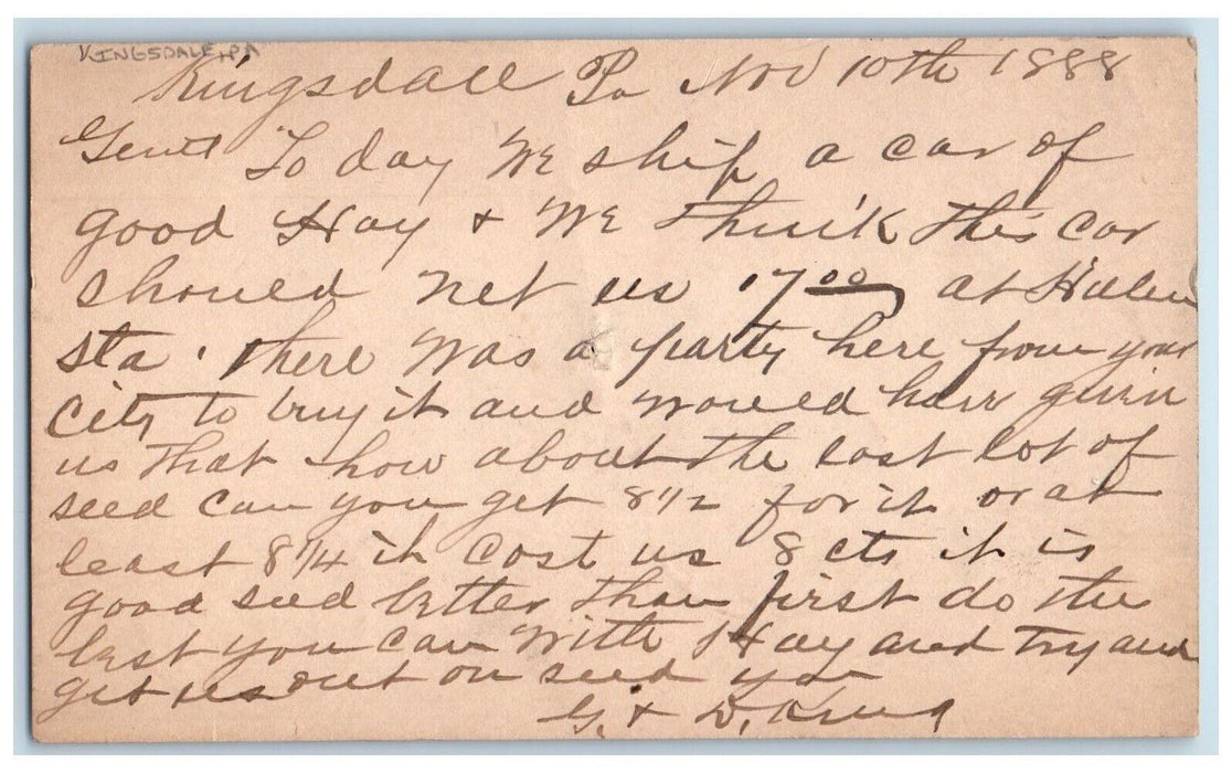 1888 Can of Good Hay Kingsdale Pennsylvania PA Baltimore MD Postal Card