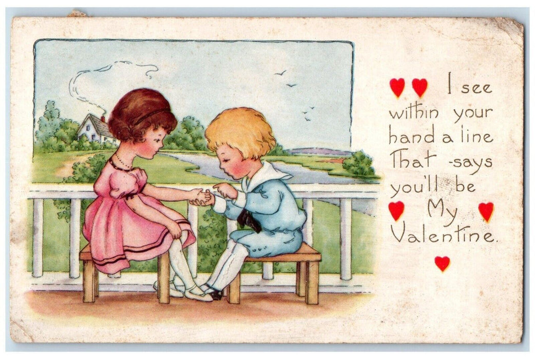 1922 Valentine Sweet Children Holding Hands Embossed Posted Antique Postcard