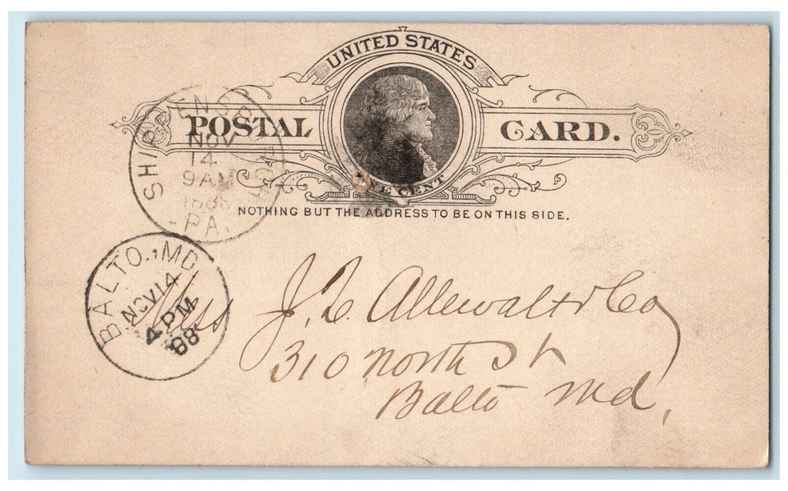 1888 Jail Message Shippensburg Pennsylvania PA Baltimore MD Postal Card