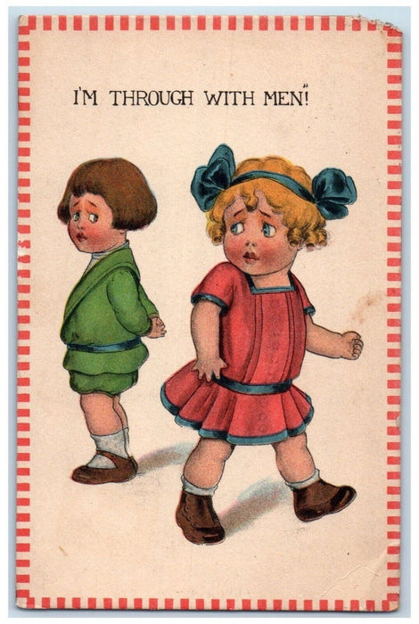 c1910's Valentine Children Fighting I'm Through With Men Kempton IL Postcard